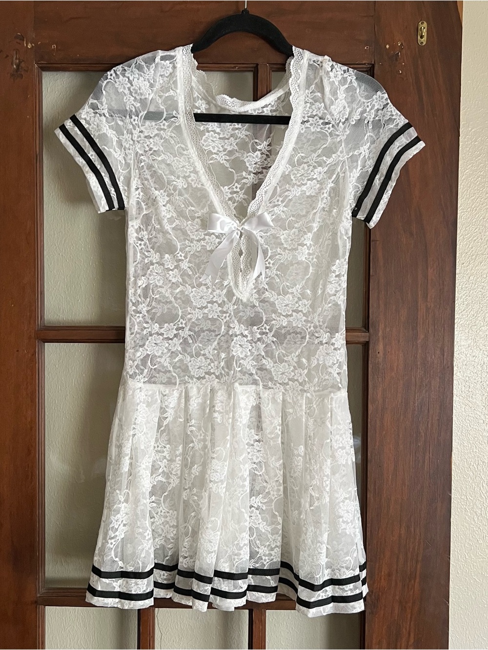 White Lace Mini Dress with Black Trim